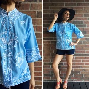 vintage 60s Baby Blue EMBROIDERED BUTTERFLY Medium/Large bell sleeve boho jacket